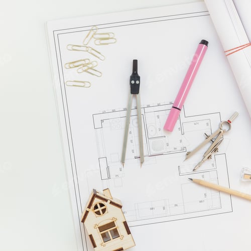 Preview: Interior designer table workplace with house plan