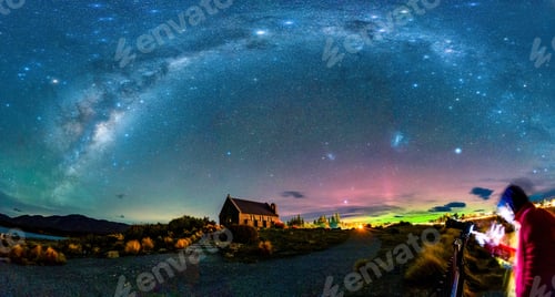Preview: Milky Way, Nebula, Aurora Australis glowing over Church of the Good Shepherd at Lake Tekapo