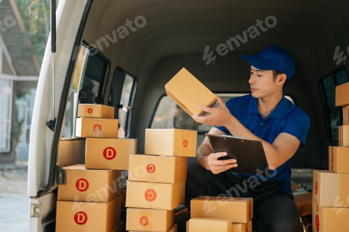 Preview: Portrait of courier delivery Asian man searching the address on digital tablet.