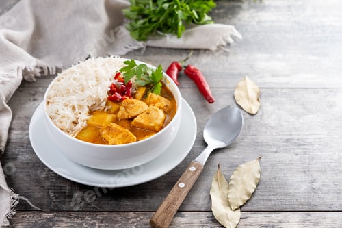 Preview: Massaman curry in bowl on wooden table. Traditional Thai food recipe.