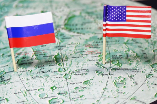 Preview: Russia and the USA flags on map in conflict over colonizing the moon