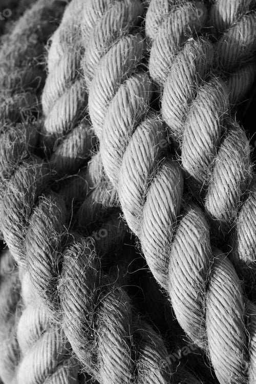 Preview: Thick and heavy rope that is worn and frayed in a nautical close up or background image