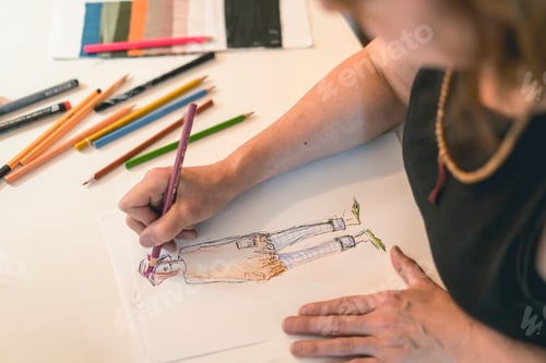Preview: Fashion designer drawing a fashion sketch with colorful pencils