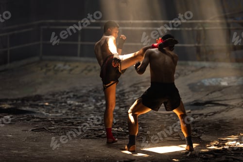 Preview: Muay Thai, Bare Knuckle Fighting street kick boxing fighters fighting action, Thai fight boxing