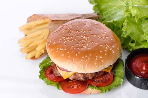 Preview: Craft beef burger and french fries on a white background