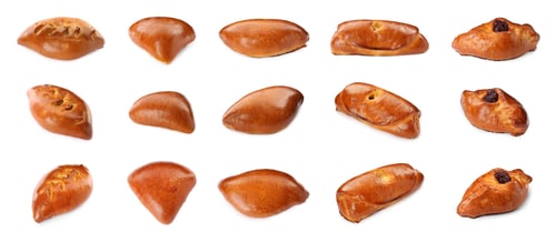 Preview: Set with delicious baked patties on white background. Banner design