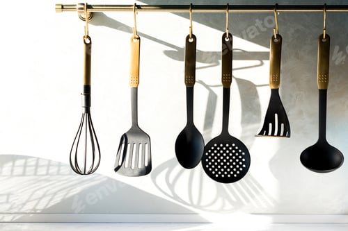 Preview: close-up view of various utensils hanging in kitchen