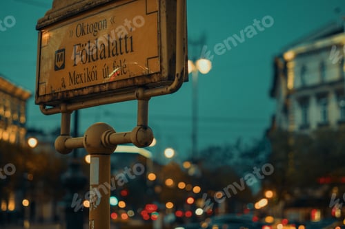 Preview: Closeup of an old vintage-style sign pole with the metro station name in Budapest