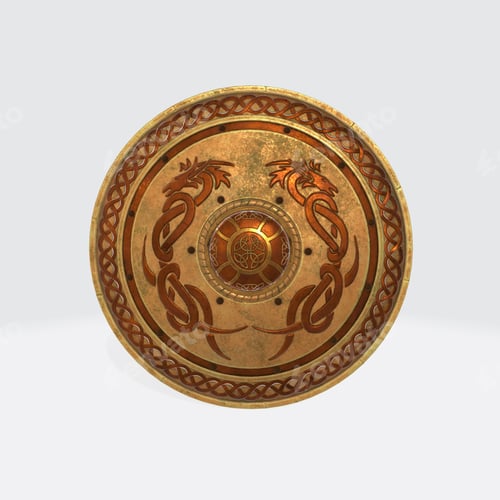 Preview: 3D rendering of a metal round shield with dragon symbols