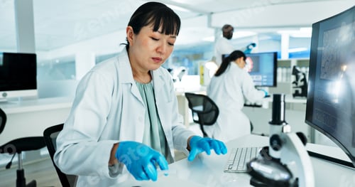 Preview: Scientist, woman and reading with book in lab with medical research, test and solution with pharmac