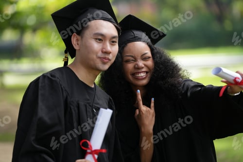 Preview: graduates in caps and gowns beam with joy, embracing and cheering in celebration.