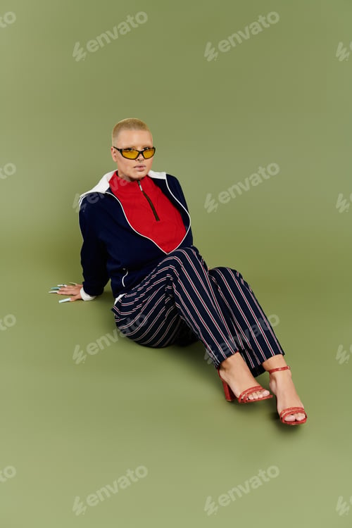 Preview: A young bald woman wearing vibrant attire strikes a stylish pose against a pastel background