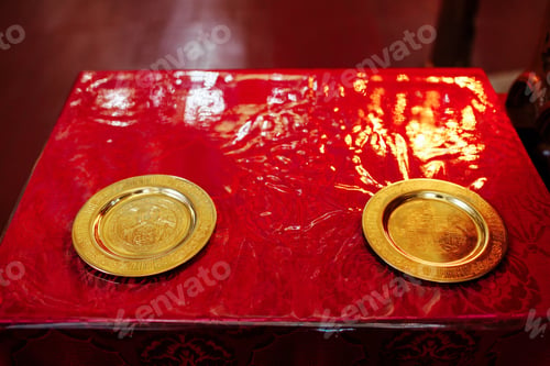 Preview: orthodox church details for the wedding. gold plates