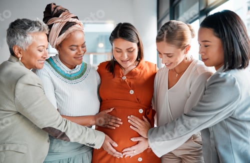 Preview: Business friends, office and touch for pregnancy, stomach and excited with support, solidarity and