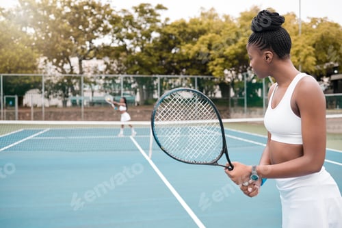 Preview: Focused young woman playing tennis with her friend. African american woman competing in a game of t
