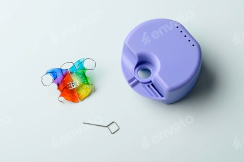 Preview: Colorful orthodontic expander retainer with purple storage case and metal expansion key