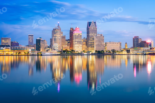 Preview: Detroit, Michigan, USA Downtown Cityscape at Blue Hour