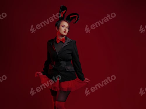 Preview: Woman donning bunny ears, a black suit, and a red bow tie on her neck on a red background