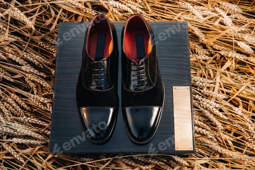 Preview: Classic black men's shoes are in the field on what.Shoes are on the box