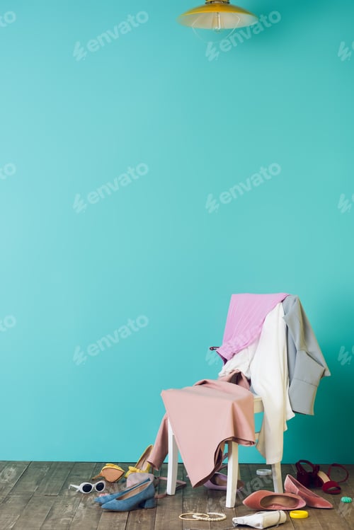 Preview: messy room with trendy clothes and shoes on chair