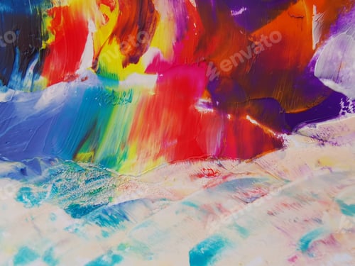 Preview: Rough abstract colorful art image with oil brushes, paints, palette knife on paper background.