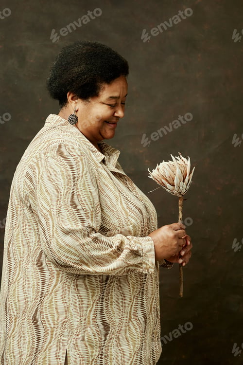 Preview: Happy Senior Black Woman Holding Dried Flower on Brown Background