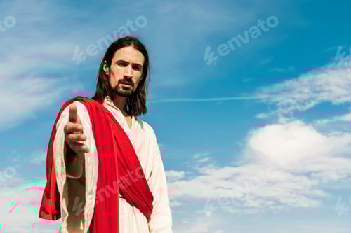 Preview: selective focus of jesus gesturing against blue sky with clouds