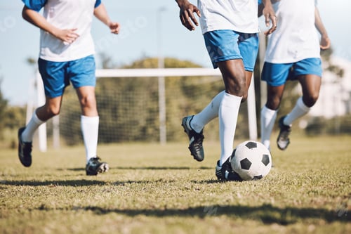 Preview: Sports, running and men with a football on a field for training, competition and professional game.