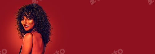 Preview: Beautiful young woman with curly hair in neon light, space for text. Banner design