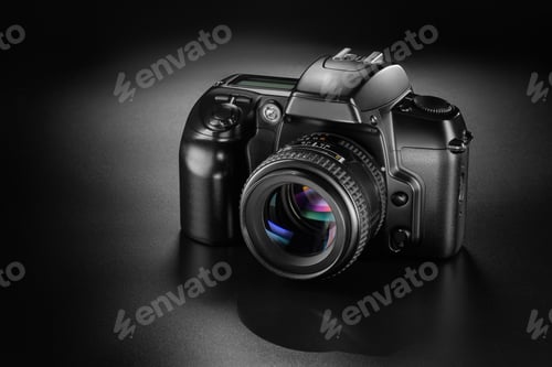 Preview: Black DSLR camera with attached lens resting on a dark surface.