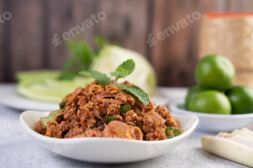 Preview: Spicy minced pork in a white plate.