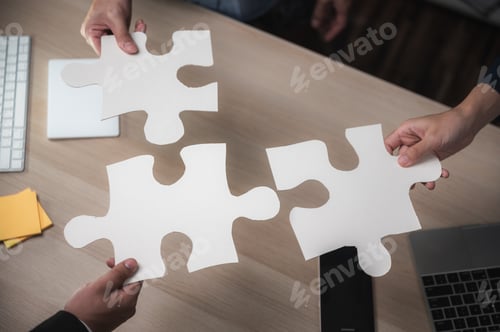 Preview: Group of business people assembling jigsaw puzzle and represent team support and help concept
