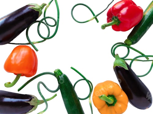 Preview: A flatlay of fresh vegetables from the farmers market on white background. Zucchini, eggplant, sweet
