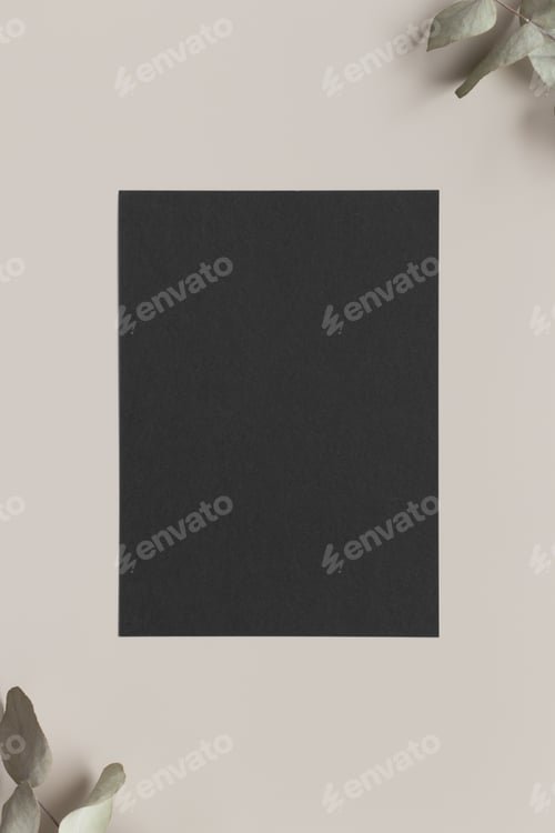 Preview: Invitation black card mockup with eucalyptus branches. 5x7 ratio, similar to A6, A5.