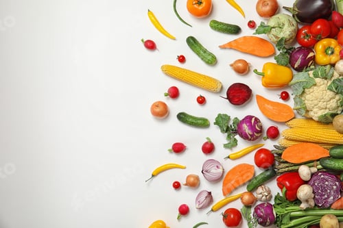 Preview: Flat lay composition with fresh vegetables and space for text on white background