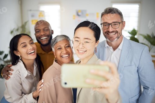 Preview: Selfie, smile and group of business people in office for support, trust and global team building. D