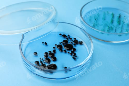 Preview: Petri dishes with different bacteria colonies on light blue background, closeup