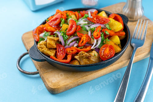 Preview: Pork ojakhuri with vegetables. Meat, potatoes, onions, herbs, peppers cooked and served in a skillet