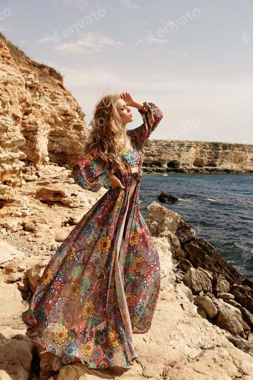 Preview: Fashion Outdoor Photo Of Gorgeous Woman With Blond Hair In Elegant Swimsuit And Beach Dress Posing