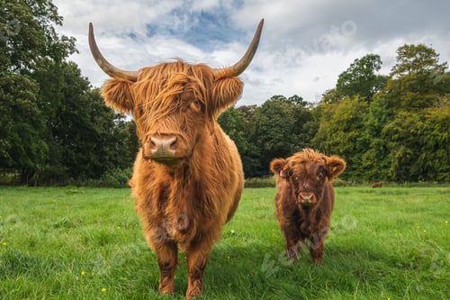 Preview: Cute brown cow and a calf on Scottish Highlands
