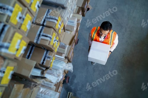 Preview: Logistics warehouse worker with a box in his hands