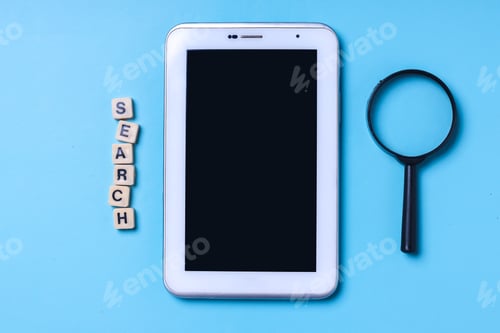 Preview: Search lettering, magnifying glass, blank screen tablet smartphone for mock up