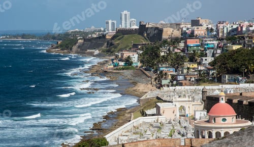 Preview: Aerial view of Old San Juan cityscape and beach, Puerto Rico, United States