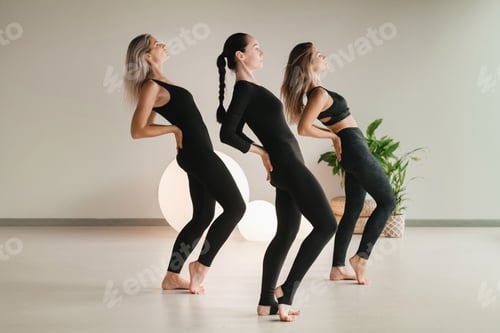 Preview: A group of girls in black doing yoga poses indoors. Women are engaged in fitness