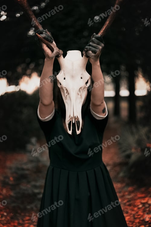 Preview: Portrait of a girl holding animal skull in forest
