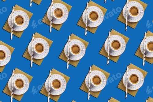 Preview: Cup of espresso coffee flat lay pattern on classic blue