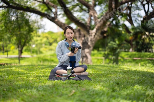 Preview: Female Social Media Influencer Demonstrates Massage Gun Usage in a Serene Park Setting