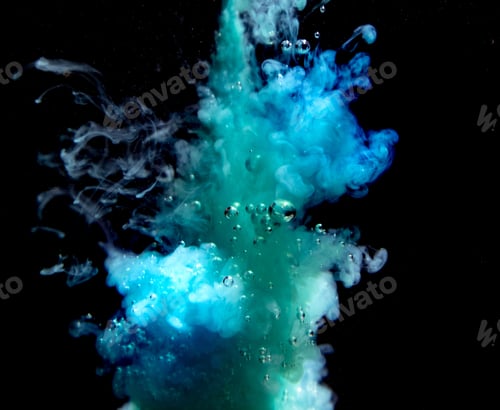 Preview: Abstract concept of teal color ink drop plume in water on an isolated black background with bubbles