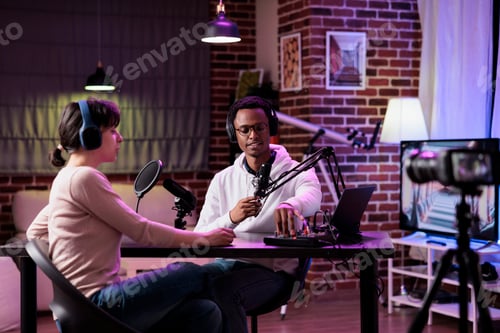 Preview: Man and woman recording podcast talk show on camera