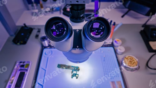Preview: Computer chip under bright lighting in a laboratory, being inspected by a microscope